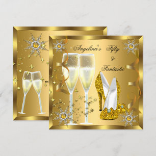 50 & Fantastic Champagne Heels Gold Snowflakes Invitation