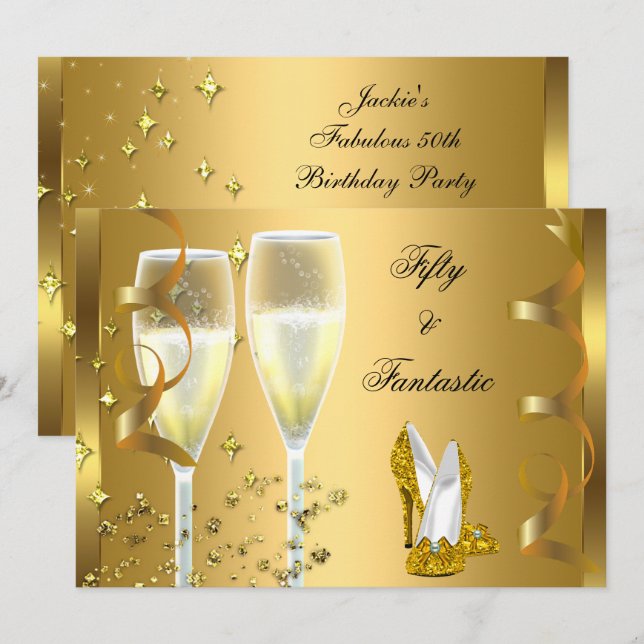50 & Fantastic Elegant Champagne Heels Gold Invitation (Front/Back)