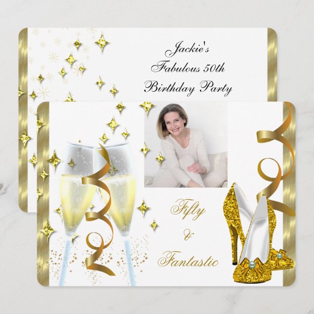 50 & Fantastic Elegant Champagne Heels Gold Photo Invitation (Front/Back)