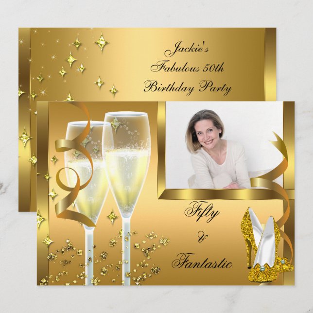 50 & Fantastic Elegant Champagne Heels Gold Photo Invitation (Front/Back)