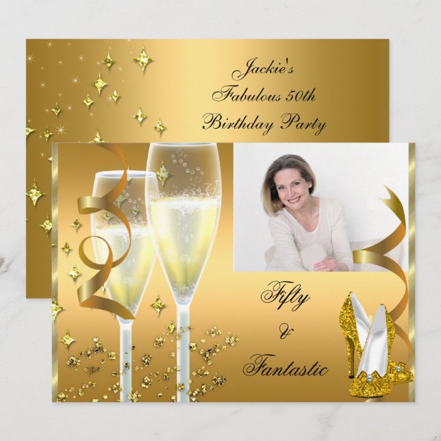 50 & Fantastic Elegant Champagne Shoes Gold Photo Invitation (Front/Back)