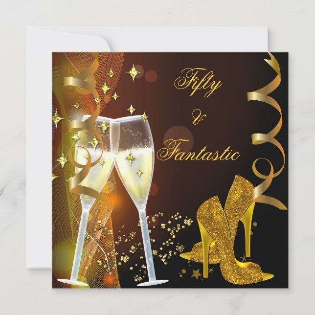 50 & Fantastic Fabulous Gold Champagne Shoes Invitation (Front)
