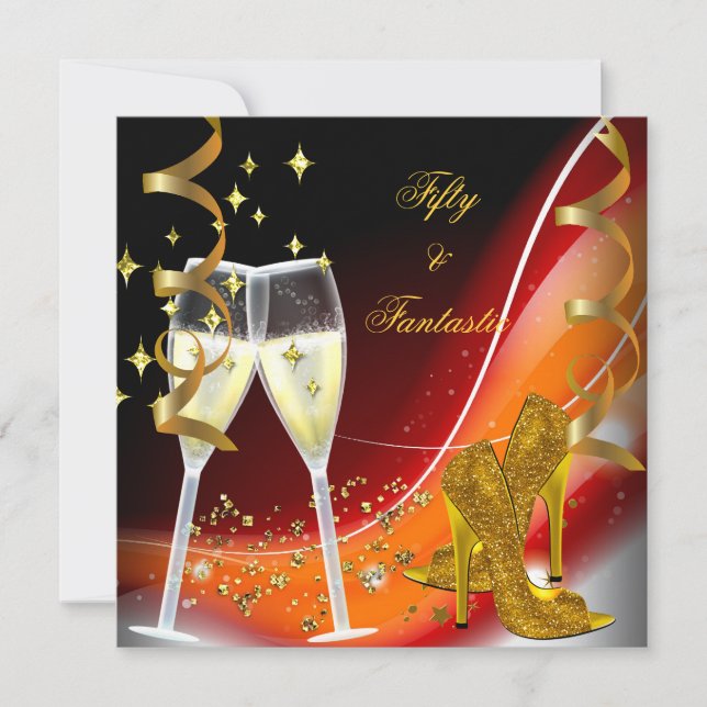 50 & Fantastic Fabulous Gold Red Orange Invitation (Front)