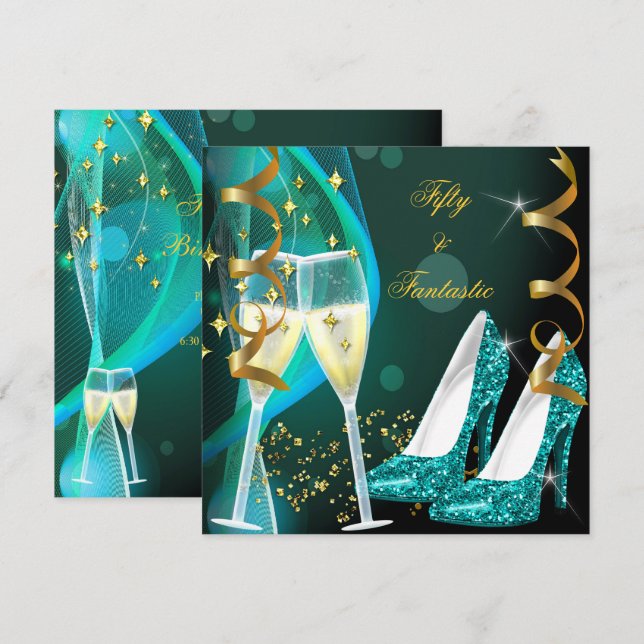 50 & Fantastic Fabulous Gold Teal Glitter Shoes Invitation (Front/Back)