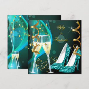 50 & Fantastic Fabulous Gold Teal Glitter Shoes Invitation