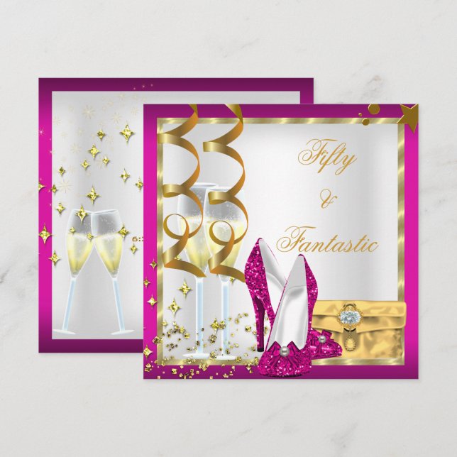 50 & Fantastic Hot Pink White Gold Birthday Party Invitation (Front/Back)