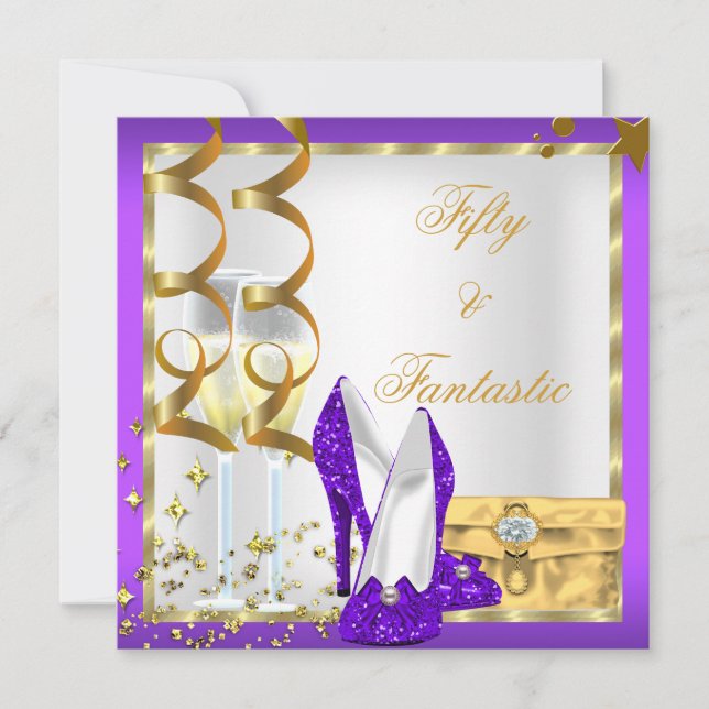 50 & Fantastic Purple White Gold Birthday Party Invitation (Front)