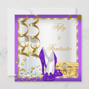 50 & Fantastic Purple White Gold Birthday Party Invitation