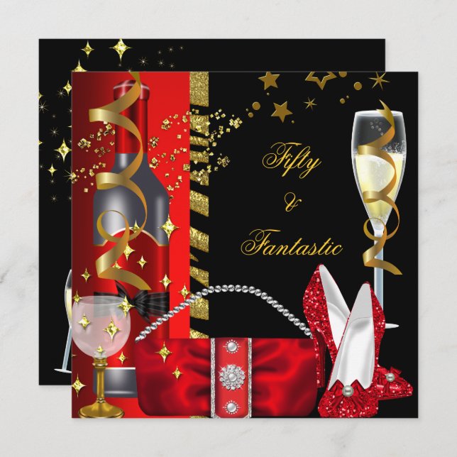 50 & Fantastic Red Black Gold Birthday Party Invitation (Front/Back)