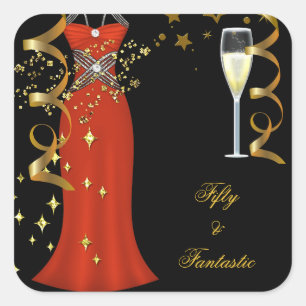 50 Fantastic Red Dress Black Gold Sticker SQ