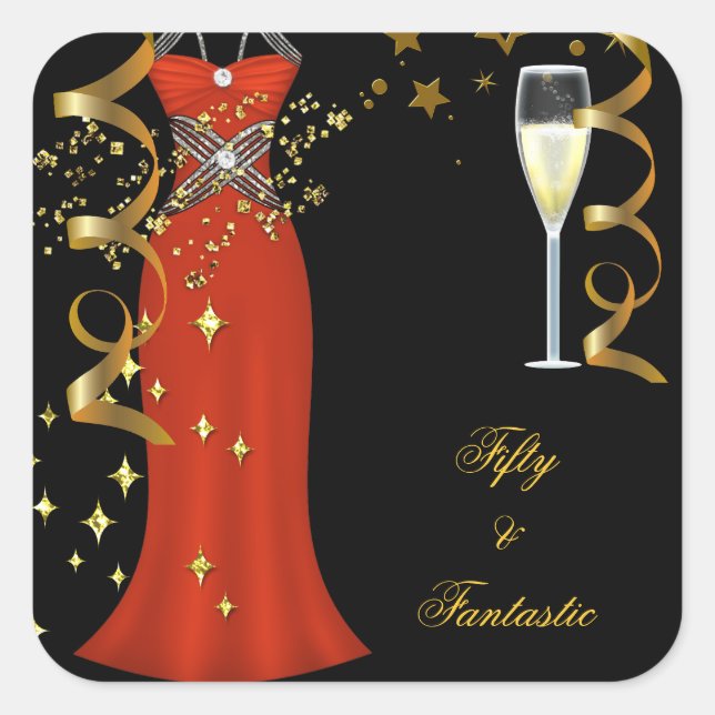 50 Fantastic Red Dress Black Gold Sticker SQ (Front)