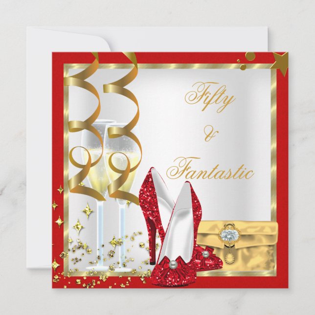 50 & Fantastic Red White Gold Birthday Party Invitation (Front)