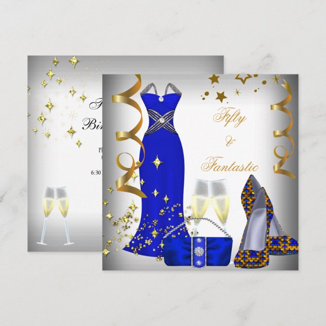 50 & Fantastic White Dress Blue Sequins Birthday Invitation (Front/Back)