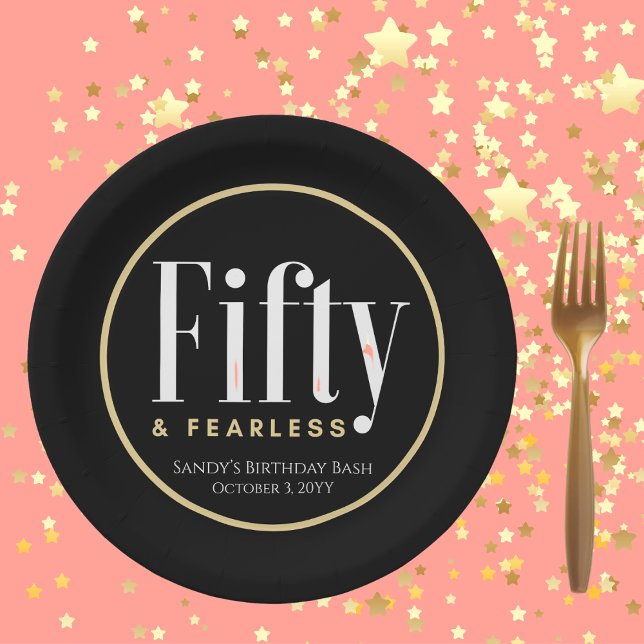 50 & Fearless Birthday Elegant Modern Black Custom Paper Plate (Creator Uploaded)