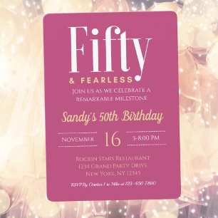 50 & Fearless Birthday Elegant Modern Pink Custom Invitation