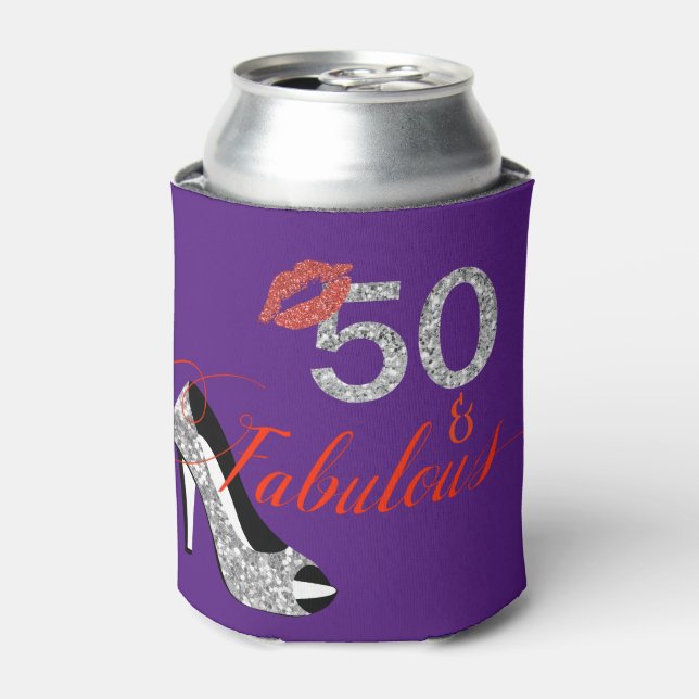 50 Fifty and Fabulous Birthday Silver  Glitter Can Cooler (Can Front)