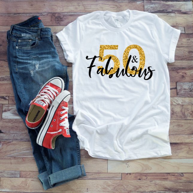50 Fifty and Fabulous Gold Glitter Brush Script T-Shirt (Creator Uploaded)