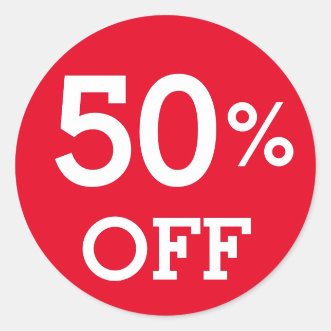 50% Fifty Percent OFF discount sale white and red  Classic Round Sticker (Front)
