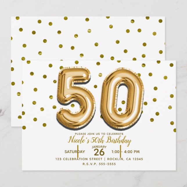 50 Gold Balloons & Confetti 50th Birthday Party Invitation (Front/Back)