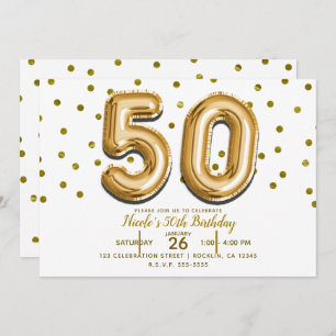 50 Gold Balloons & Confetti 50th Birthday Party Invitation