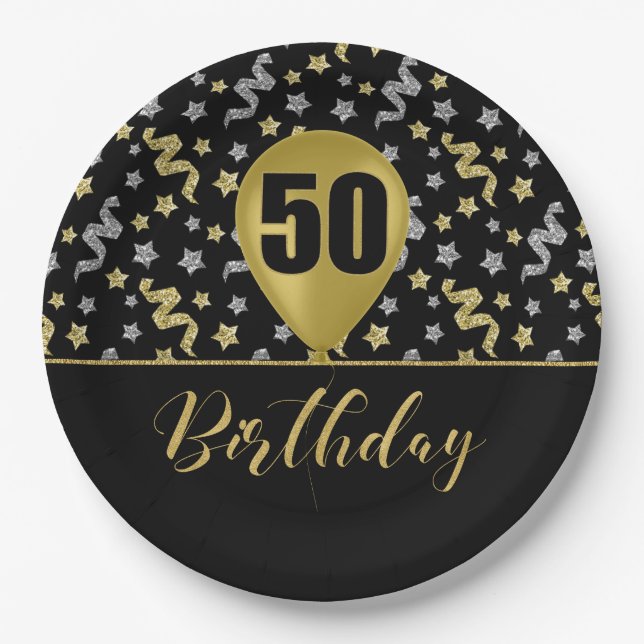 50 Gold Birthday Ballon on Black Gold Confetti Paper Plate (Front)