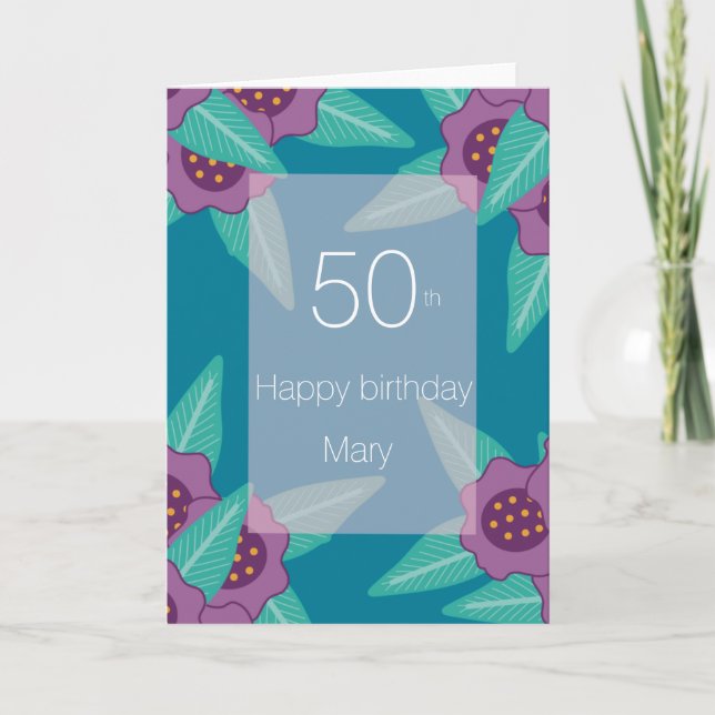 50 happy birthday floral blue turquoise modern holiday card (Front)