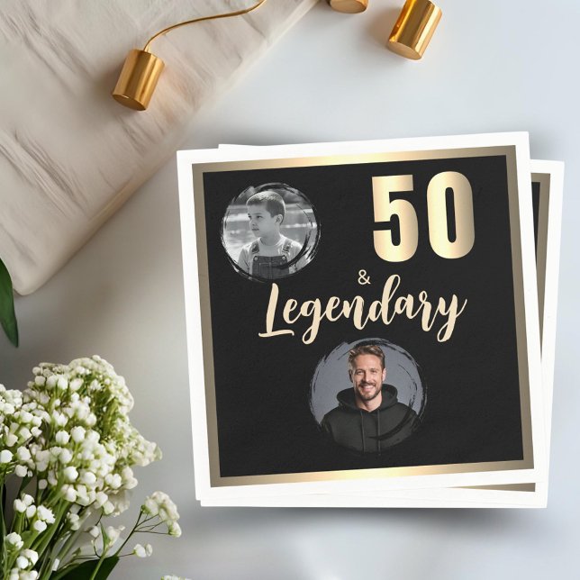 50 & Legendary 2 Photos 50th Birthday Gold Napkin (Creator Uploaded)