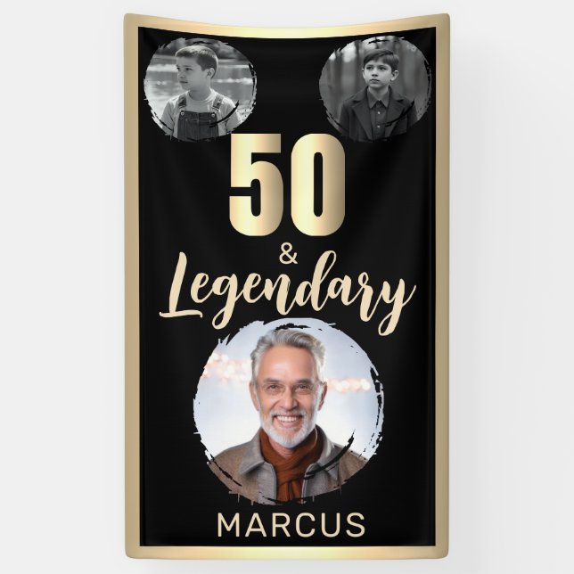 50 & Legendary 3 Photos 50th Birthday Gold Banner (Vertical)