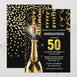 50 milestone sparkling wine gold black glitter  invitation