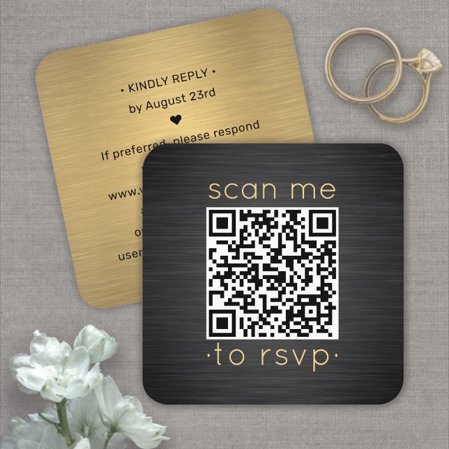 50 Pack QR RSVP Black and Gold Wedding Enclosure Square Business Card (Creator Uploaded)