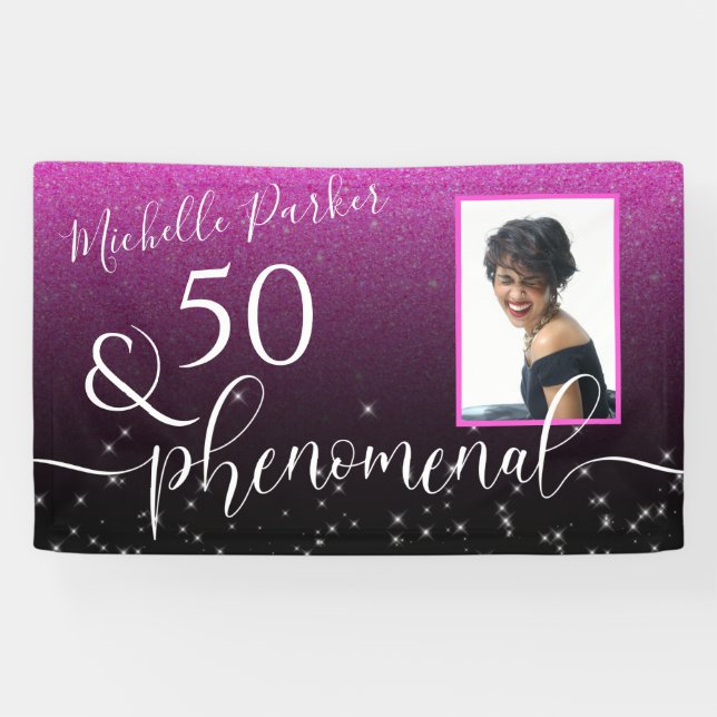 50 Phenomenal Modern Pink Glitter Birthday Photo Banner (Horizontal)