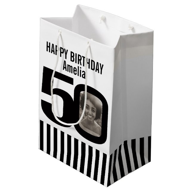 50 photo black and white birthday gift bag (Back Angled)