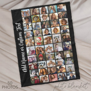 50 Photo Collage - Custom Text - Black and White Fleece Blanket