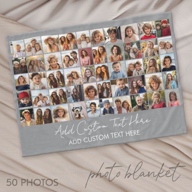 50 Photo Collage Grid - Script Text - grey Fleece Blanket (Photo Blanket - Custom Pictures in a Collage)
