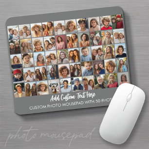 50 Photo Collage Grid - Script Text - grey Mouse Mat