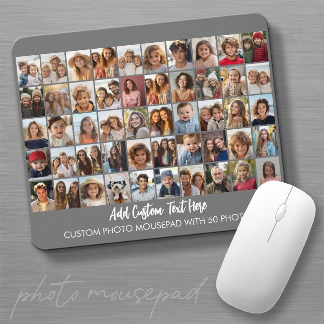 50 Photo Collage Grid - Script Text - grey Mouse Mat (Create a custom photo mousepad - makes a great great for family and friends!)