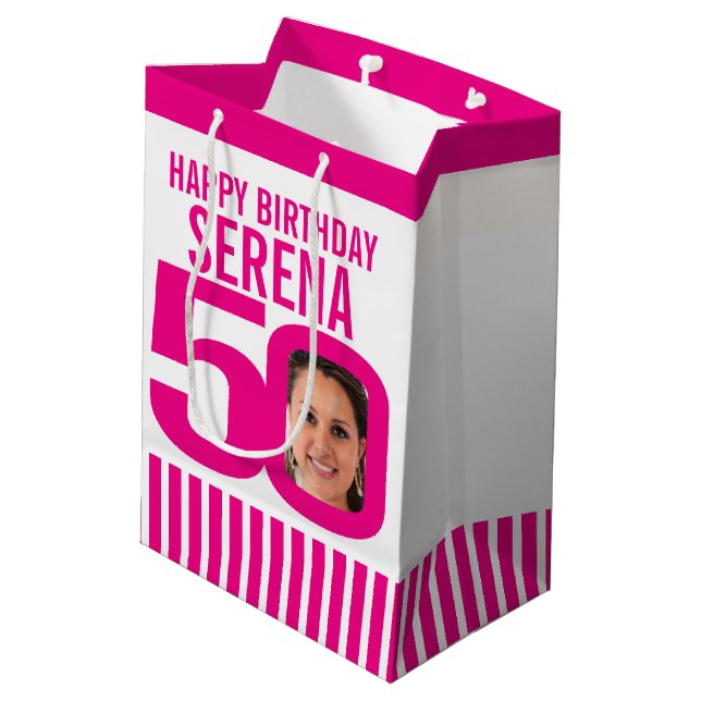 50 photo in the 0 pink white birthday gift bag (Back Angled)