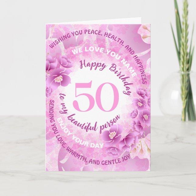 50 Pink Cherry Blossom Floral Milestone Birthday Card (Front)