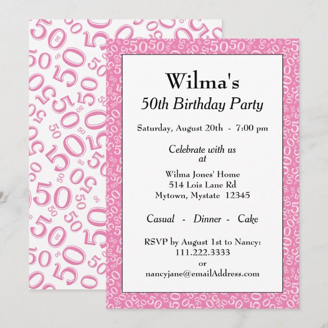 50 Random Number Pattern Pink/White 50th Invitation (Front/Back)