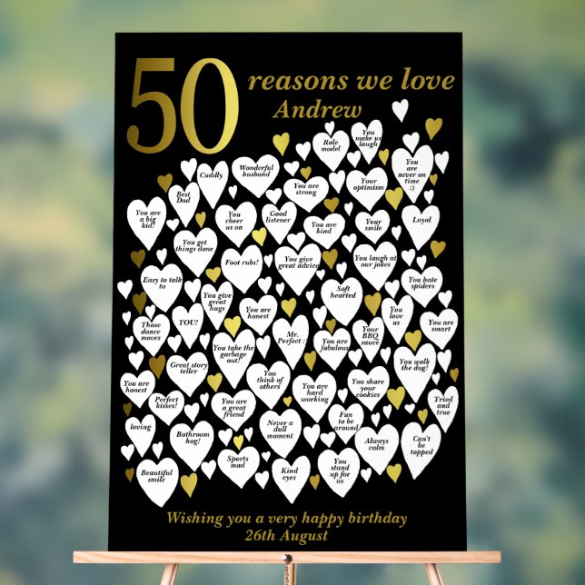 50 Reasons We Love You 50th Birthday Heart Acrylic Sign (Neutral)