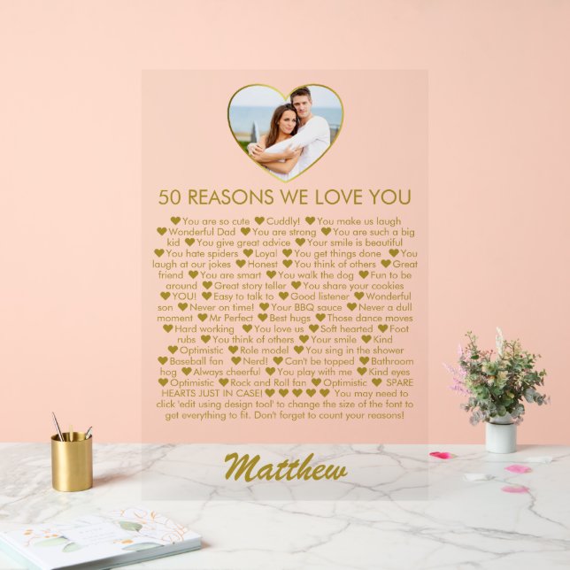 50 Reasons We Love You 50th Birthday Photo Heart Acrylic Sign (Wedding)