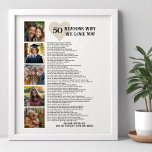 50 Reasons Why We Love You 50th Birthday Photo Poster<br><div class="desc">Sentimental photo collage poster for 50th birthday or father's day, for example. Create a unique gift, personalised with 50 heartfelt reashons why your loved one is so special along with 5 of your favourite photos. This personalised keepsake captures the essence of your bond and is perfect to display at a...</div>