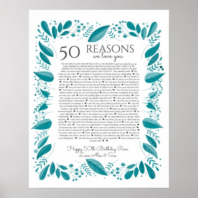 50 reasons why we love you teal leaves poster (Front)