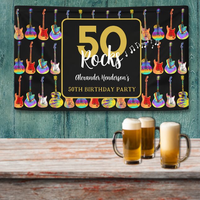 50 Rocks 50th Birthday Party Add Name Banner (Rock and roll 50th birthday party banner for him funky psychedelic electric guitars gold typography )