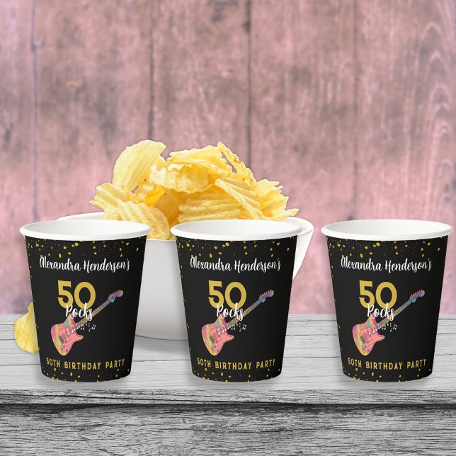 50 Rocks 50th Birthday Party Pink Black Gold Paper Cups (50 Rocks cool pink black and gold glitter 50th birthday party personalized paper cups)