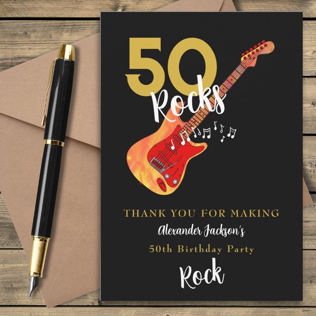 50 Rocks 50th Birthday Party Thank You Card (50 Rocks cool guitar 50th birthday party thank you card gold and black personalized )