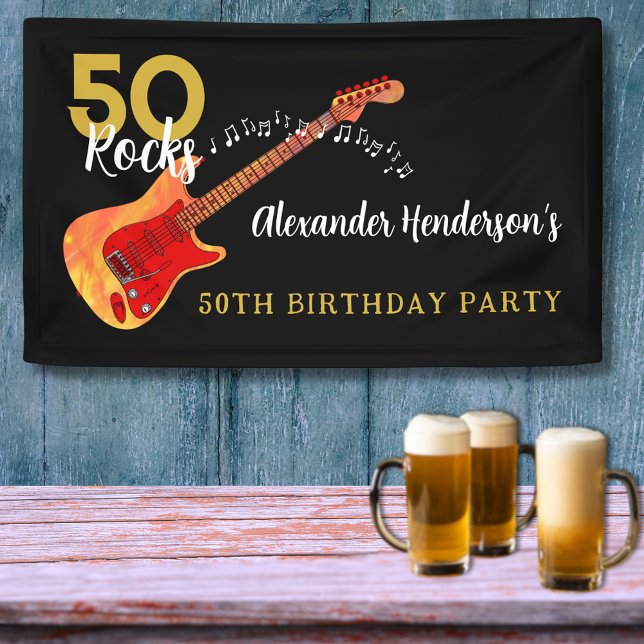 50 Rocks Cool Guitar 50th Birthday Party Banner (50 Rocks cool guitar 50th birthday party banner for him gold and black)
