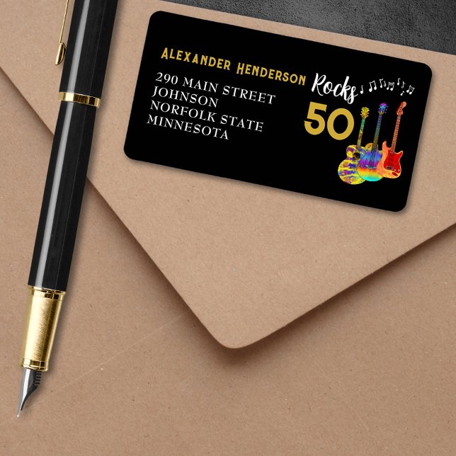 50 Rocks Cool Guitar 50th Birthday Party Label (Rocks 50 cool funky guitar gold and black 50th birthday party return address label)