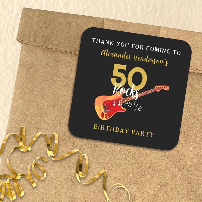 50 Rocks Cool Guitar 50th Birthday Party Thank You Square Sticker (50 Rocks cool fire guitar 50th birthday party thank you black and gold sticker for favor bags)