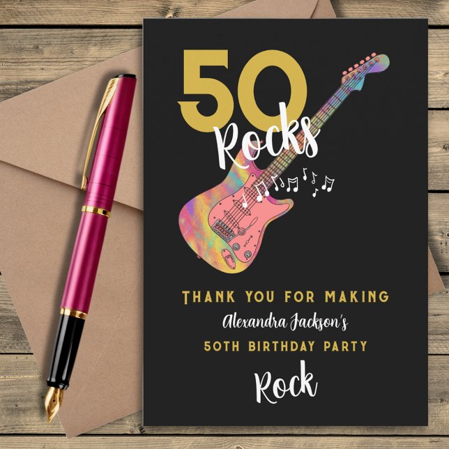 50 Rocks Pink Black Gold 50th Birthday Party Thank You Card (50 Rocks cool pink guitar black and gold 50th birthday party thank you card)